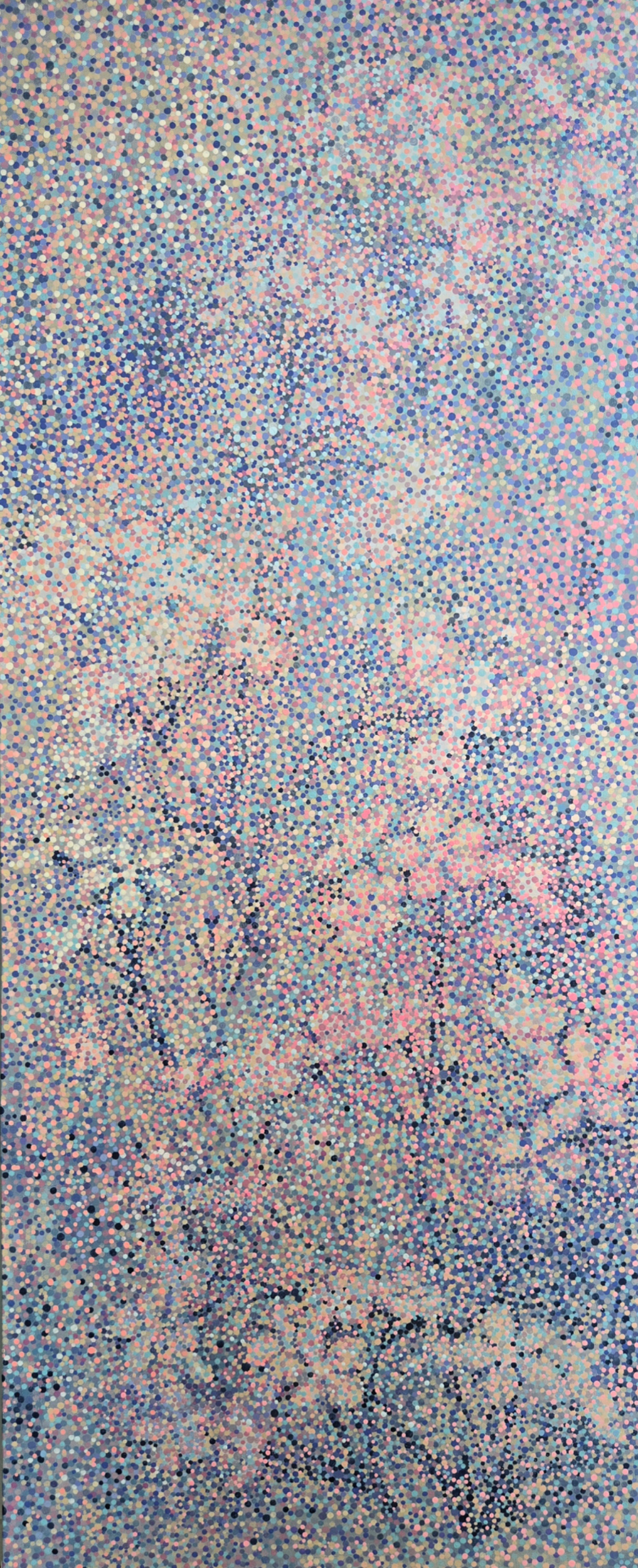 장윤서, 〈Illusion〉, 캔버스에 아크릴, 49.5x119.7cm — 수많은 작은 원으로 쌓아 올린 세로 화면