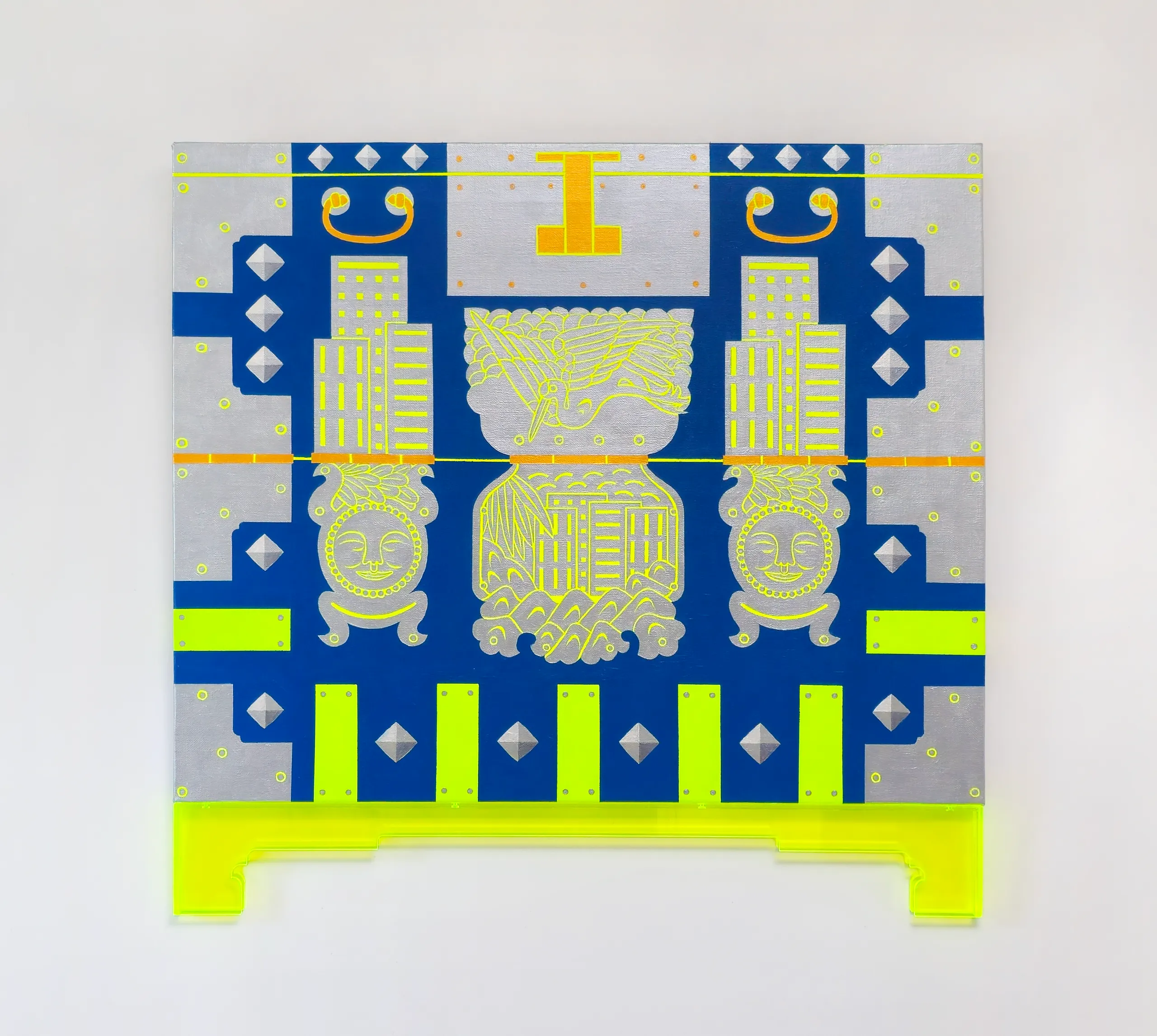 이은주, 〈BAN #15-1〉, 캔버스에 아크릴과 아크릴 패널, 65.1 x 62.0cm — 코발트블루 바탕에 은빛 장석이 놓인 반닫이 정면, 아래로 형광 노랑 아크릴 다리가 캔버스 밖으로 뻗어 있다