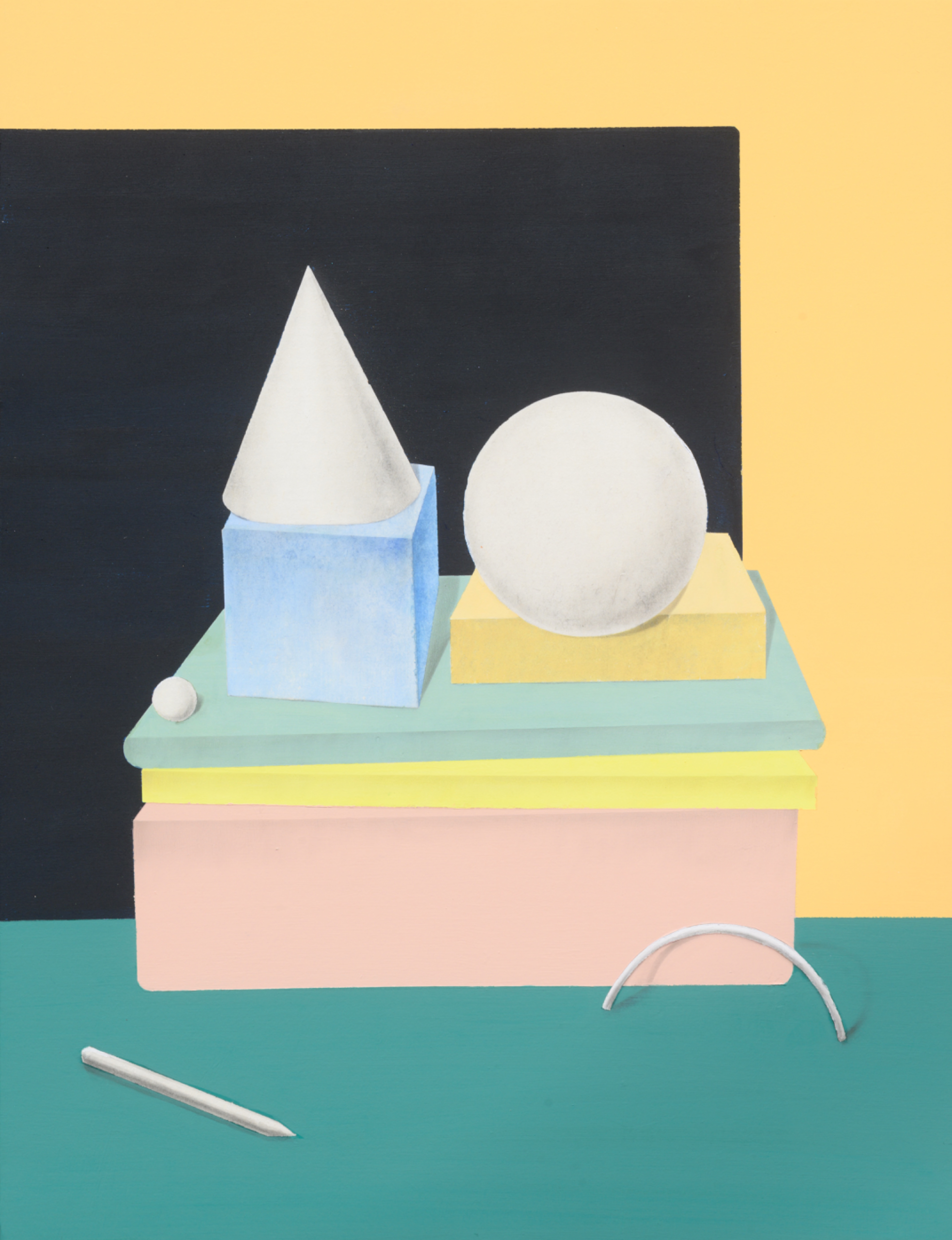 정서온, 〈Play in the blue room #6〉, 장지에 흑연가루·안료, 50x65cm — 쌓인 색면 위에 놓인 원뿔과 구