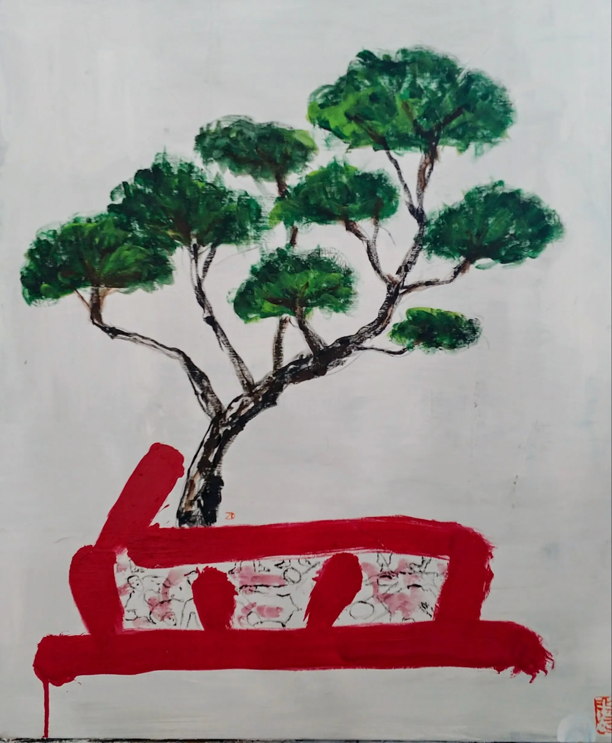 송효섭, 〈문자도 血: 민주주의 나무〉, 캔버스에 아크릴, 60.6x72.7cm — 흰 바탕 아래쪽에 붉은 붓질로 쓴 글자 血이 놓이고, 그 윗변 위에서 소나무 한 그루가 비스듬히 솟아 오른다
