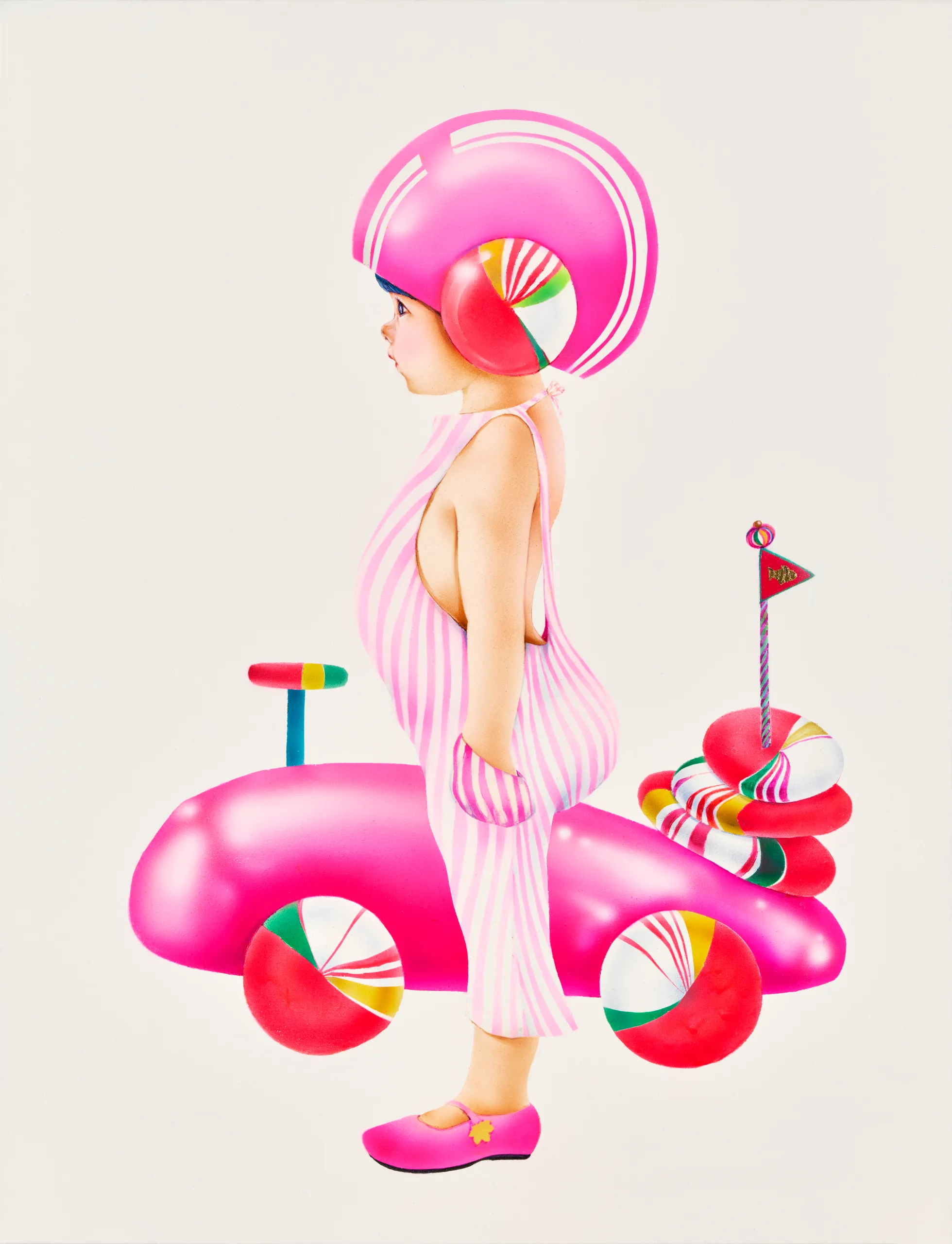 박현정, 〈달달한 봉봉카〉, 캔버스 위에 아크릴, 53x65.2cm — 분홍 사탕으로 만든 자동차 앞에 선 아이