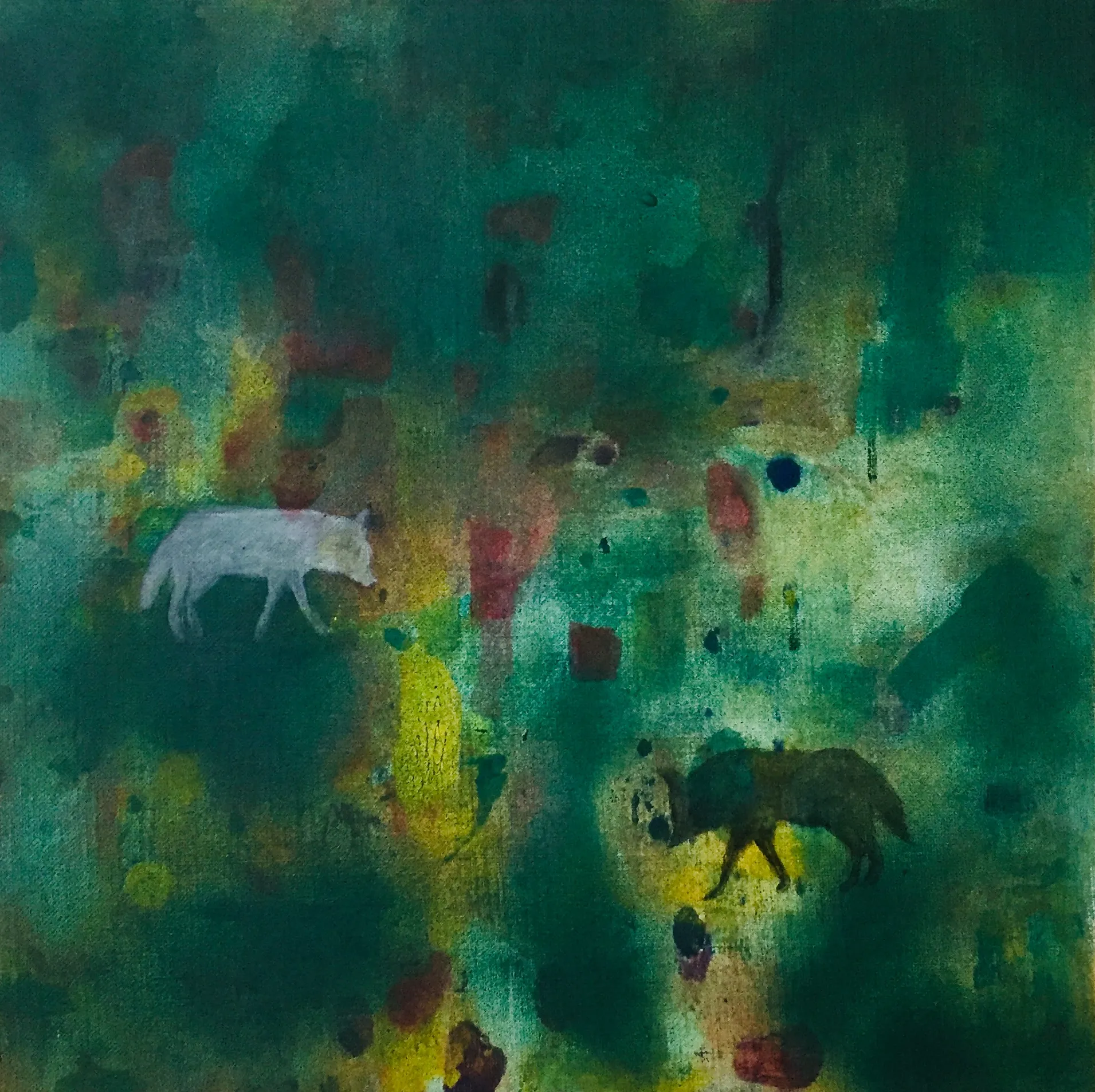 황의선, 〈너무 늦은 안녕 Hello too late〉, 캔버스에 아크릴, 40x40cm — 짙은 초록과 노랑이 번진 화면 안에 흰 짐승과 갈색 짐승이 서로 반대 방향으로 걸어가고 있다