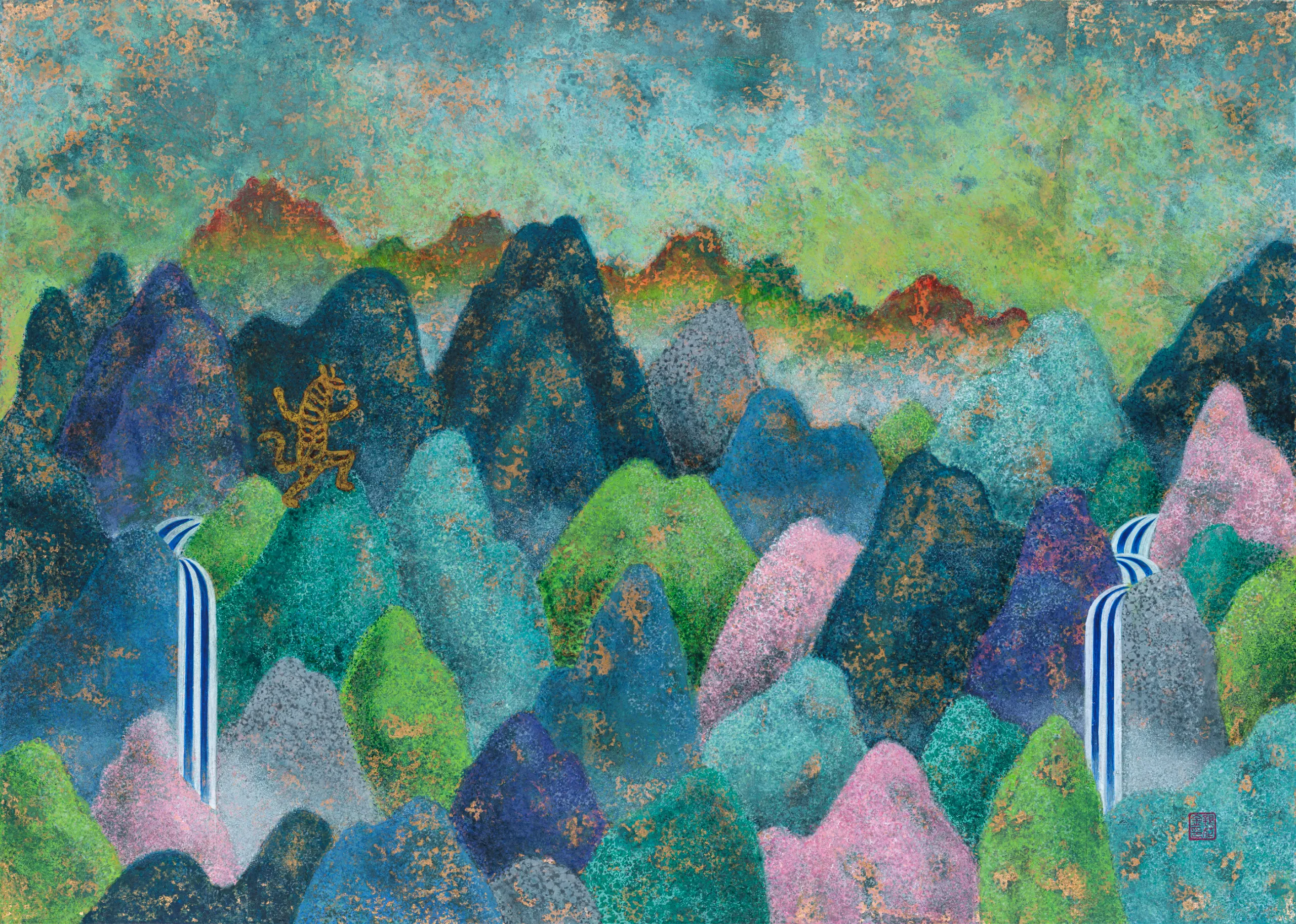 김은화, 〈산중희호〉, 순지에 동박·먹·분채, 70x50cm — 색면의 산봉우리 사이에 금빛 호랑이가 새겨진 화면