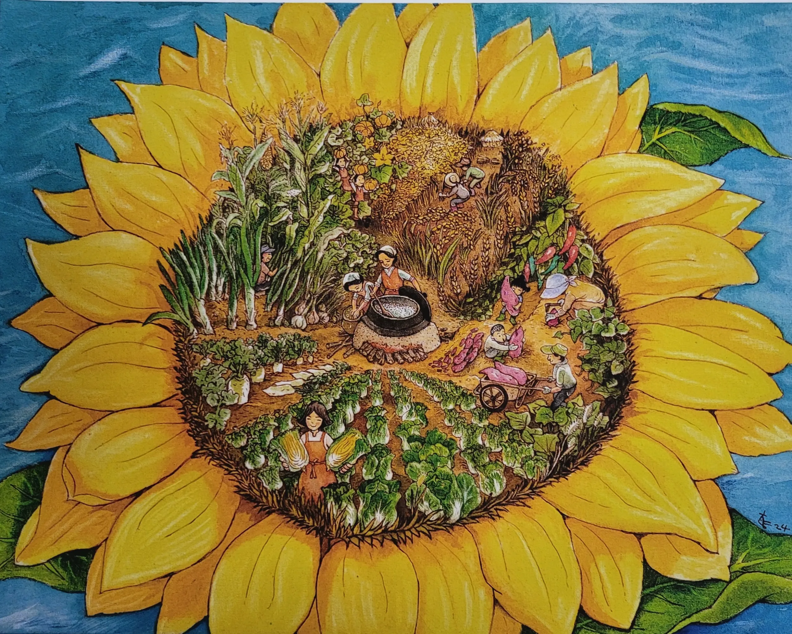 박향미, 〈땅해바라기〉, 광목천에 아크릴, 53x40cm — 꽃판 안에 밭과 사람들이 들어앉은 해바라기
