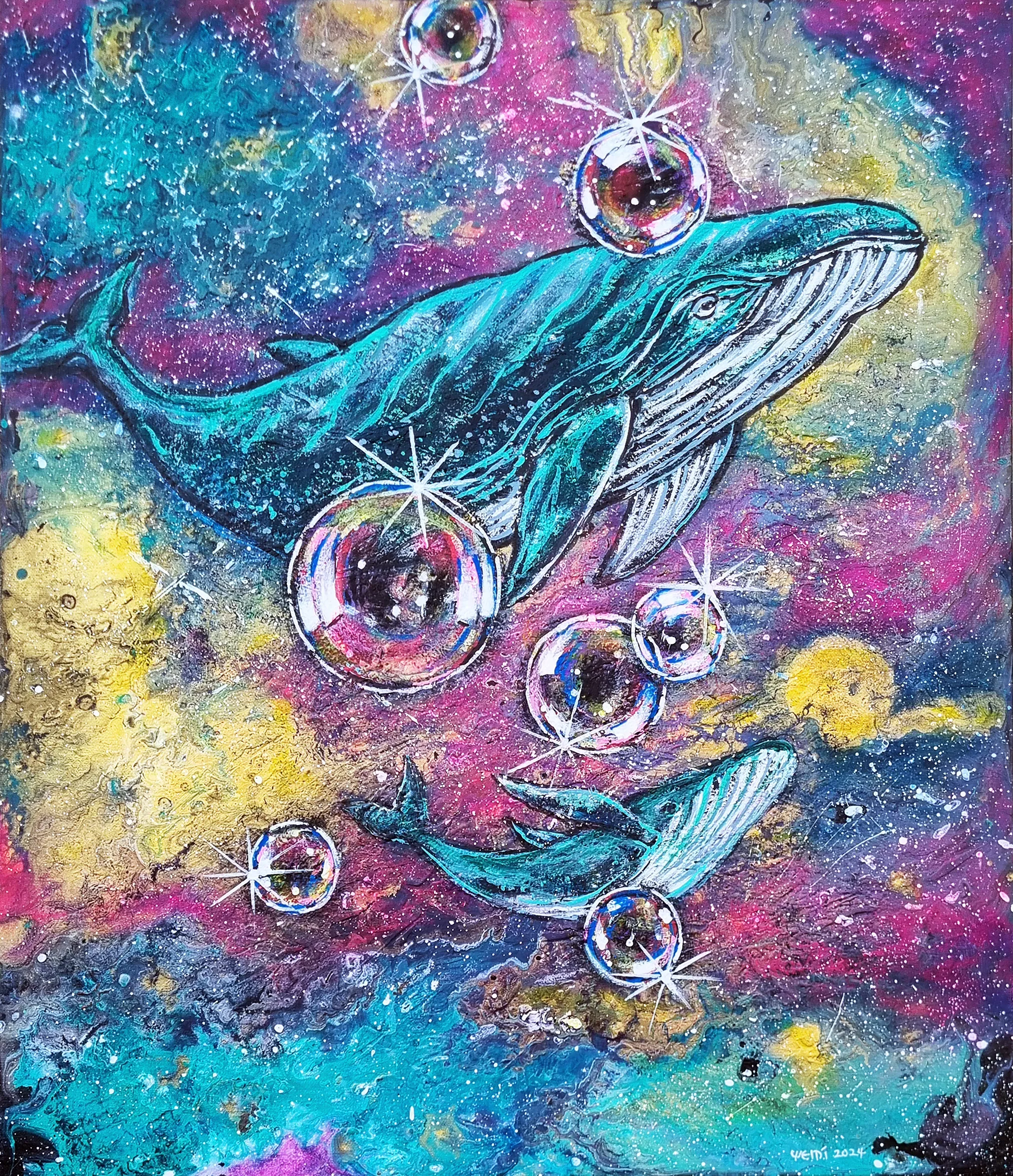 예미킴, 〈유영하다I〉, MixedMedia on canvas, 45.5x53cm — 청록, 분홍, 노랑의 성운 같은 바탕에 큰 고래와 작은 고래가 헤엄치고, 둘레에서 비눗방울이 별빛을 반짝인다