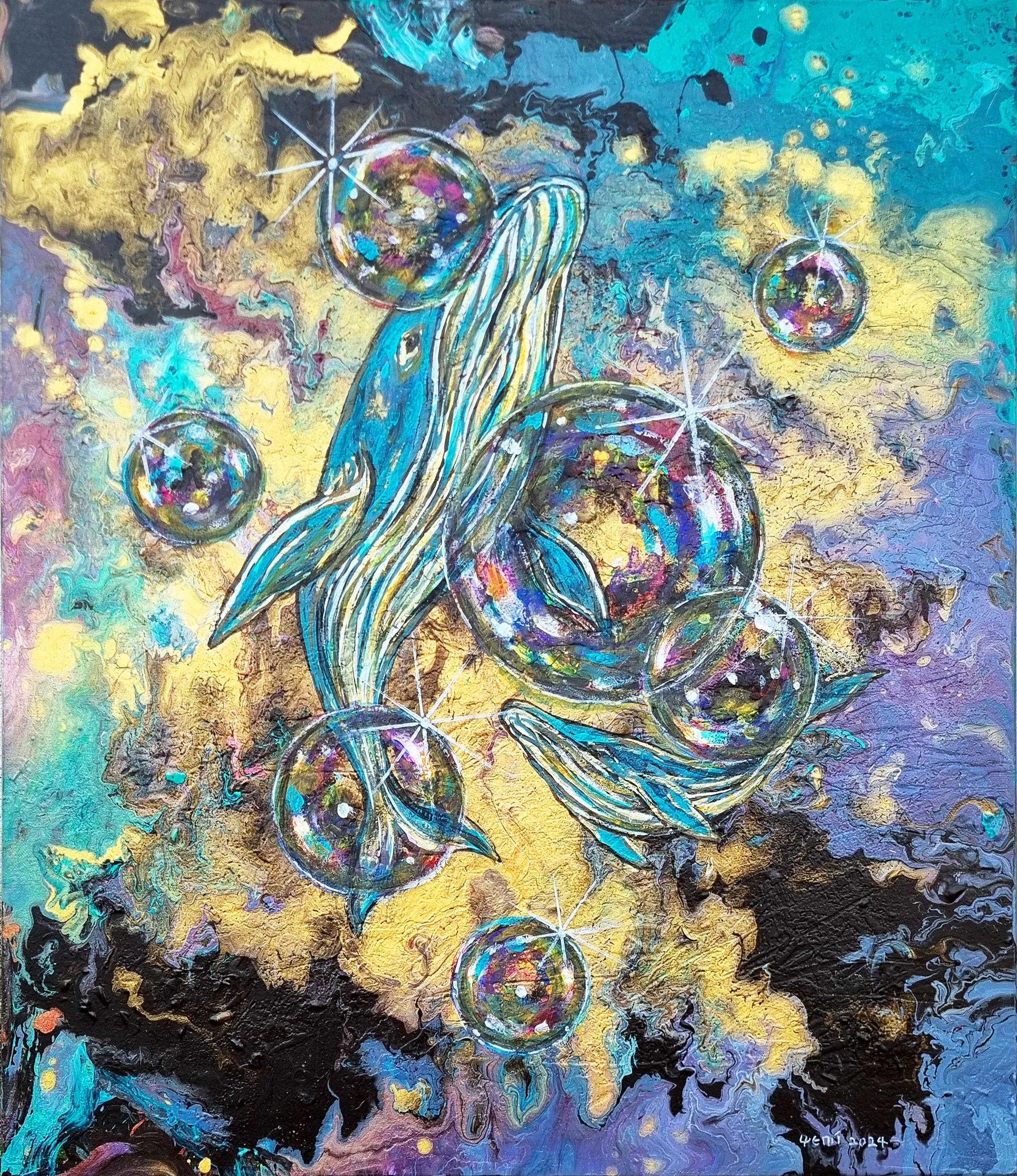 예미킴, 〈유영하다II〉, MixedMedia on canvas, 45.5x53cm — 노랑과 남색과 검정이 번진 바탕 위에 큰 고래가 머리를 위로 두고 세로로 서고 오른쪽 아래에 작은 고래가 옆으로 누웠으며 비눗방울이 겹쳐 있다