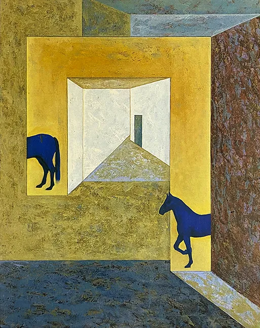 박은선, 〈이중존재-공간 Double Existence-Space〉, lenticular, 30x42cm — 황토색 방 안, 두 개의 문틀 사이로 마주 선 두 마리의 푸른 말