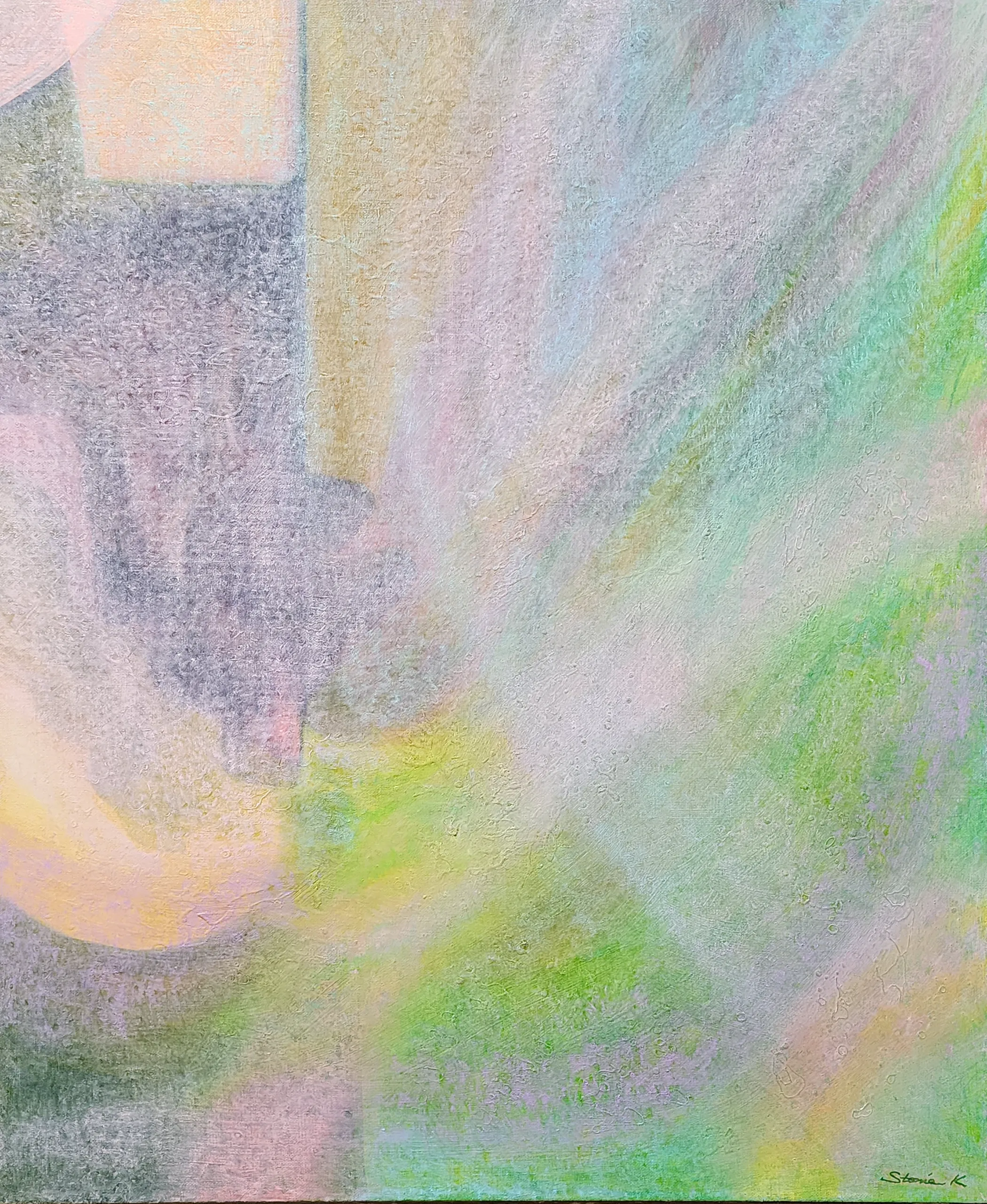 스토니 강, 〈늑구의 꿈〉, 캔버스에 아크릴과 오일파스텔, 60.6x72.7cm — 연둣빛과 살구빛이 부챗살처럼 번지는 추상 화면