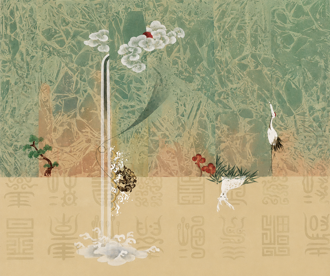 신광숙, 〈십장생 No.1〉, 비단에 분채, 44.5x36.5cm — 폭포를 가운데 두고 학과 사슴이 마주 선 화면