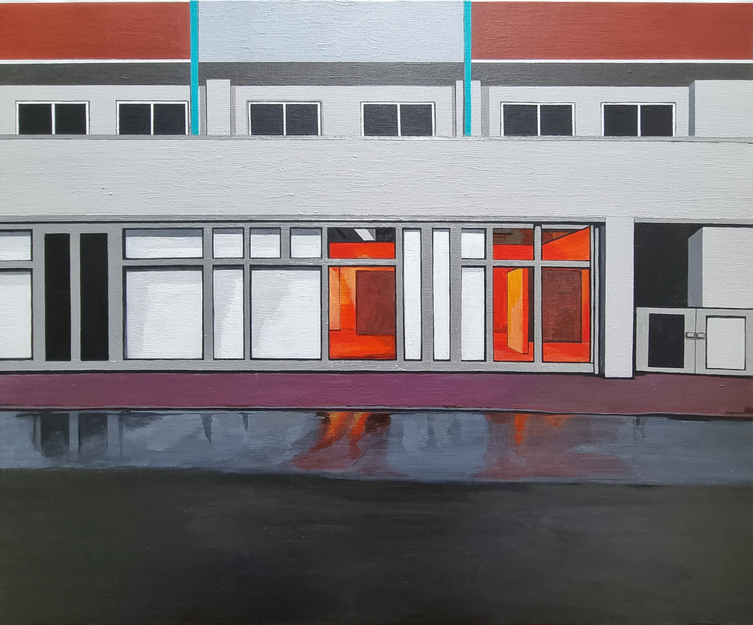 신건우, 〈TOKYO CITY 1〉, 캔버스에 아크릴, 73x61cm — 회색 상가 건물의 유리창 안쪽만 주황으로 밝혀진 도쿄의 거리