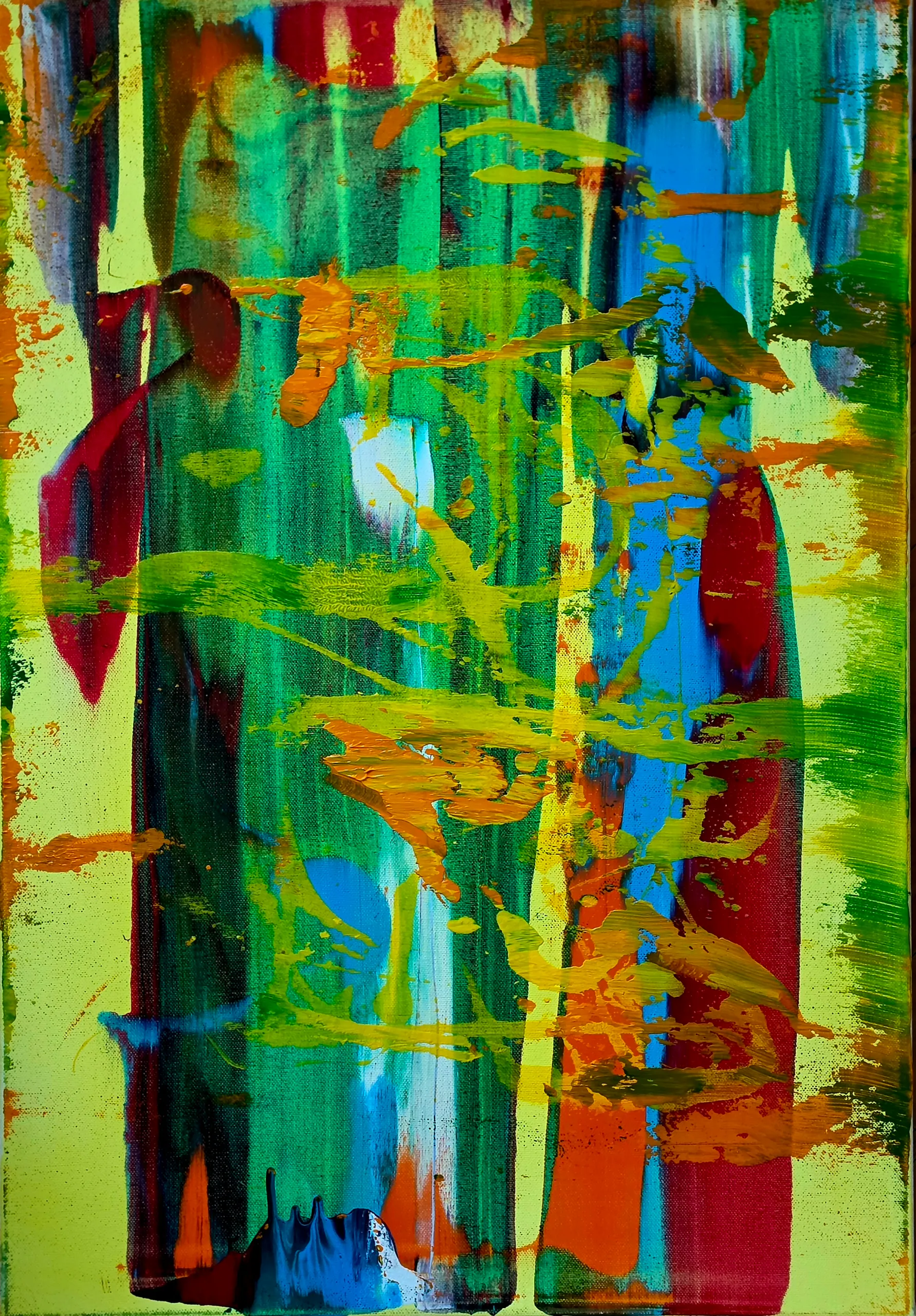 정수연, 〈통섭〉, Acrylic on canvas, 53x72.7cm(20P) — 세로로 끌어내린 초록·파랑·붉은 띠 위로 노란 물감이 튀어 오른 추상 화면