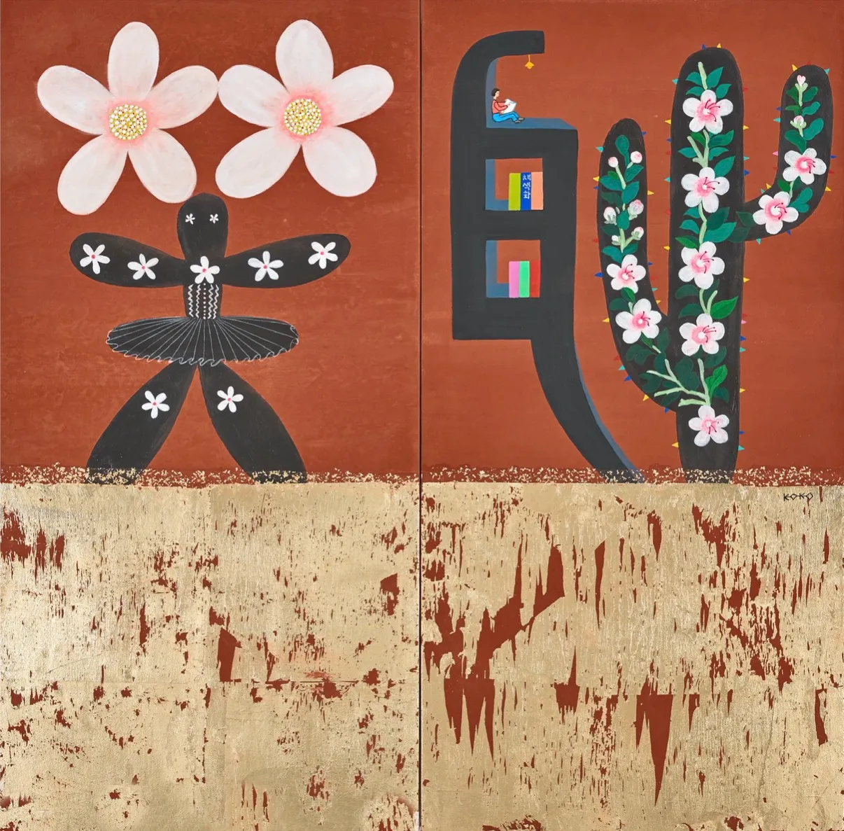 고미경, 〈FLOWER〉, 장지 위에 혼합 재료, (65.2x33cm)x2 — 꽃으로 쓴 글자 한 자