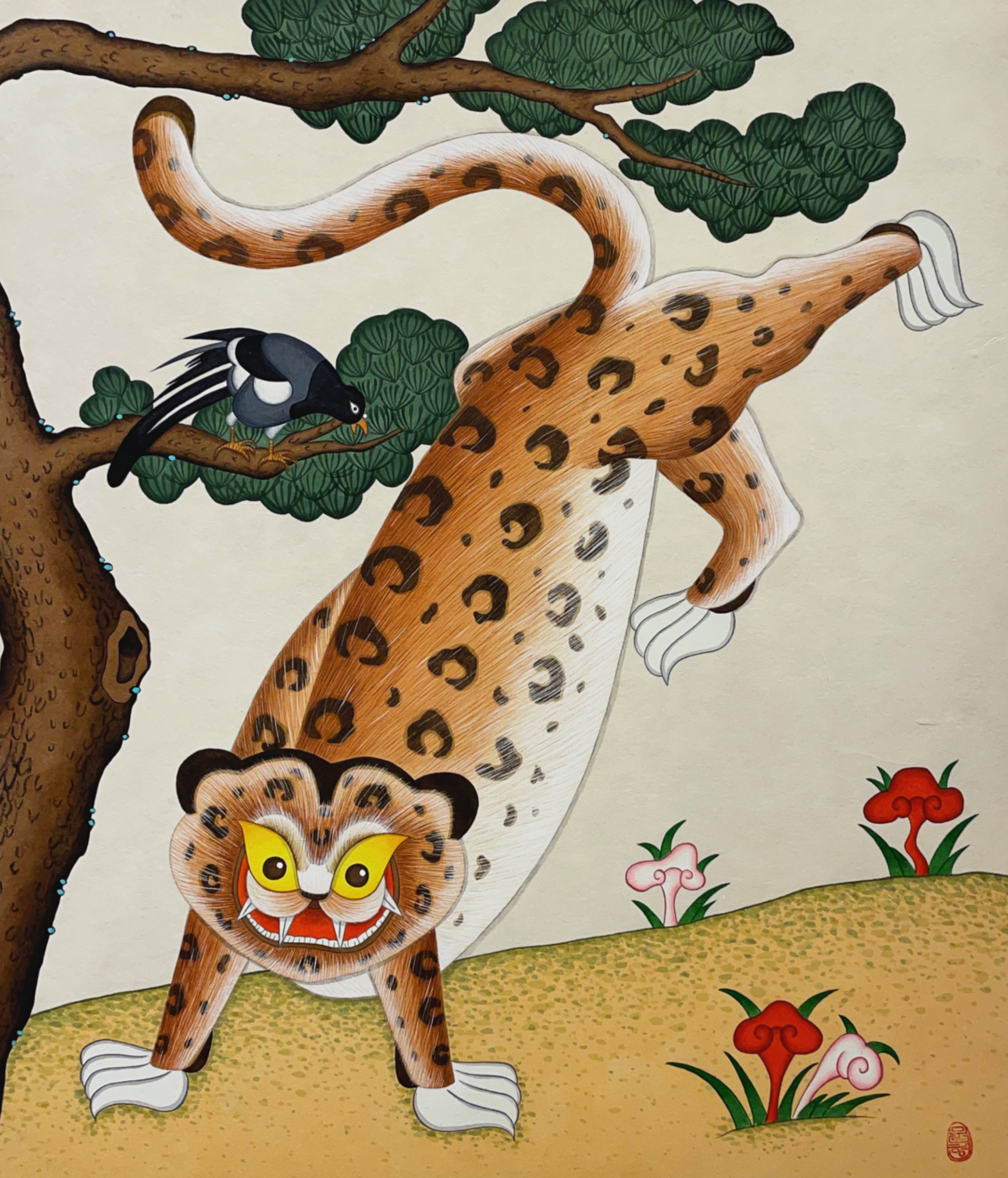 이문형, 〈호작도(호랑이와 까치)〉, 2022, 장지에 채색, 45.5x53cm