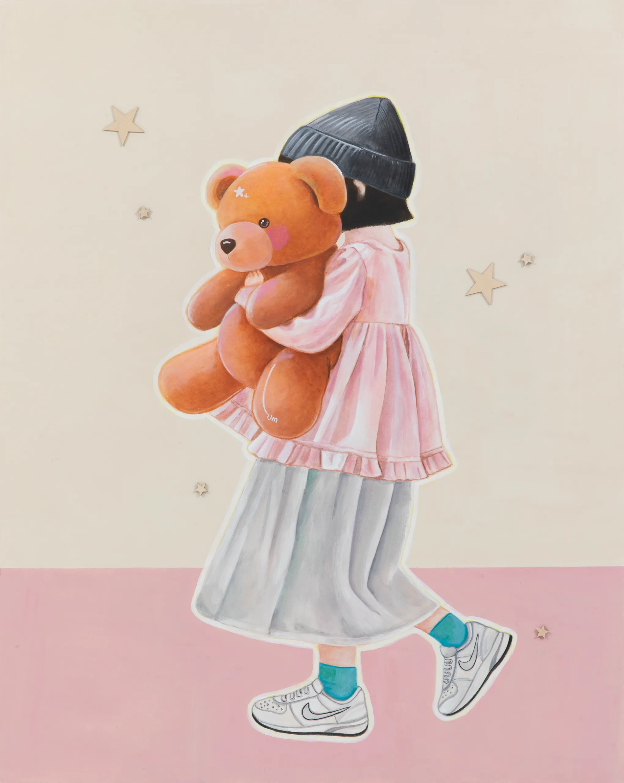 김기영, 〈Forward # 1〉, 장지에혼합채색, 72.7x90.9cm — 곰인형을 안고 걸어가는 아이