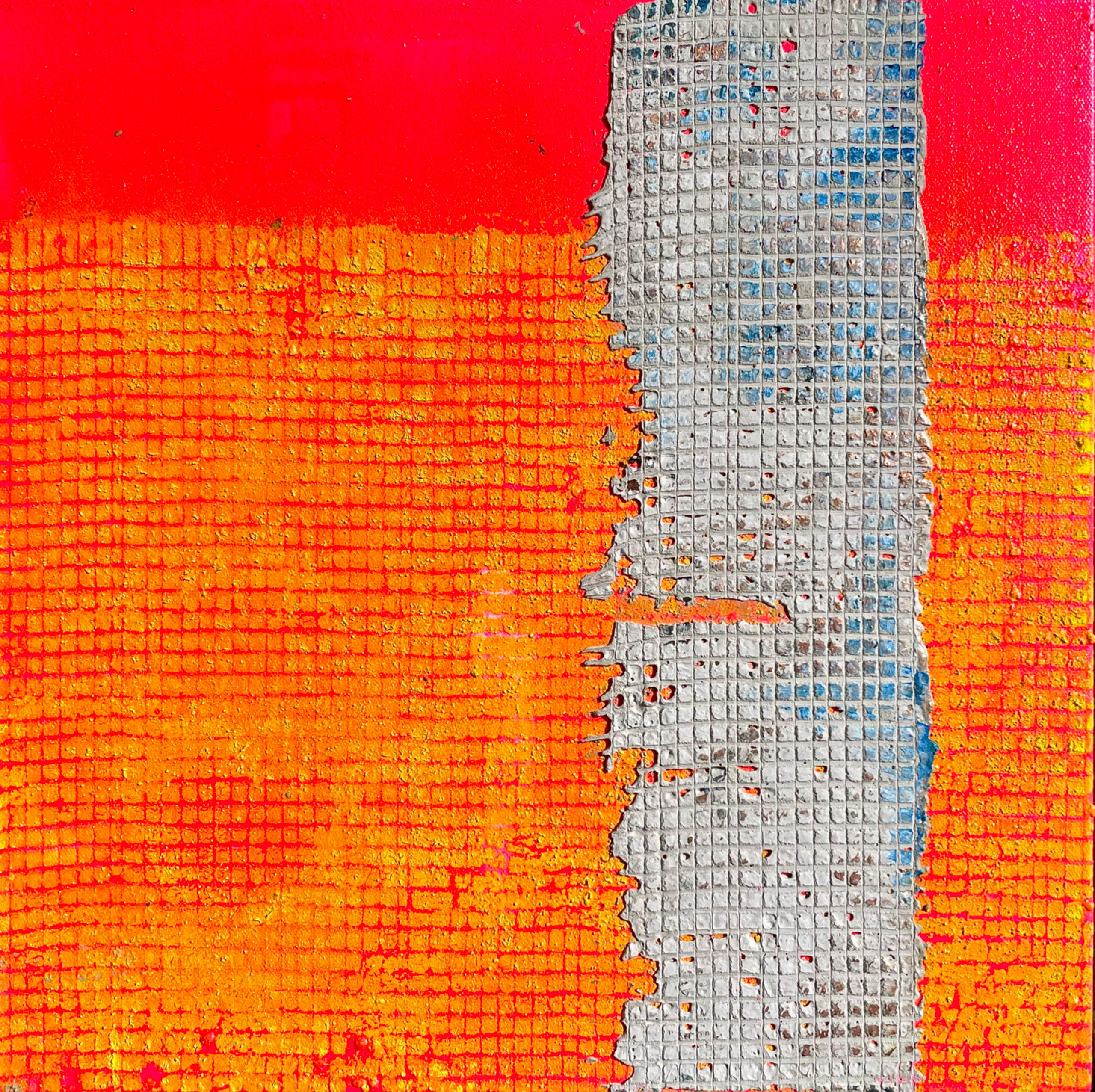안충국, 〈잇다/LINE〉, 캔버스 위에 시멘트, 아크릴, 망, 혼합 재료, 40x40cm — 붉고 노란 바탕을 세로로 가로지르는 시멘트 띠
