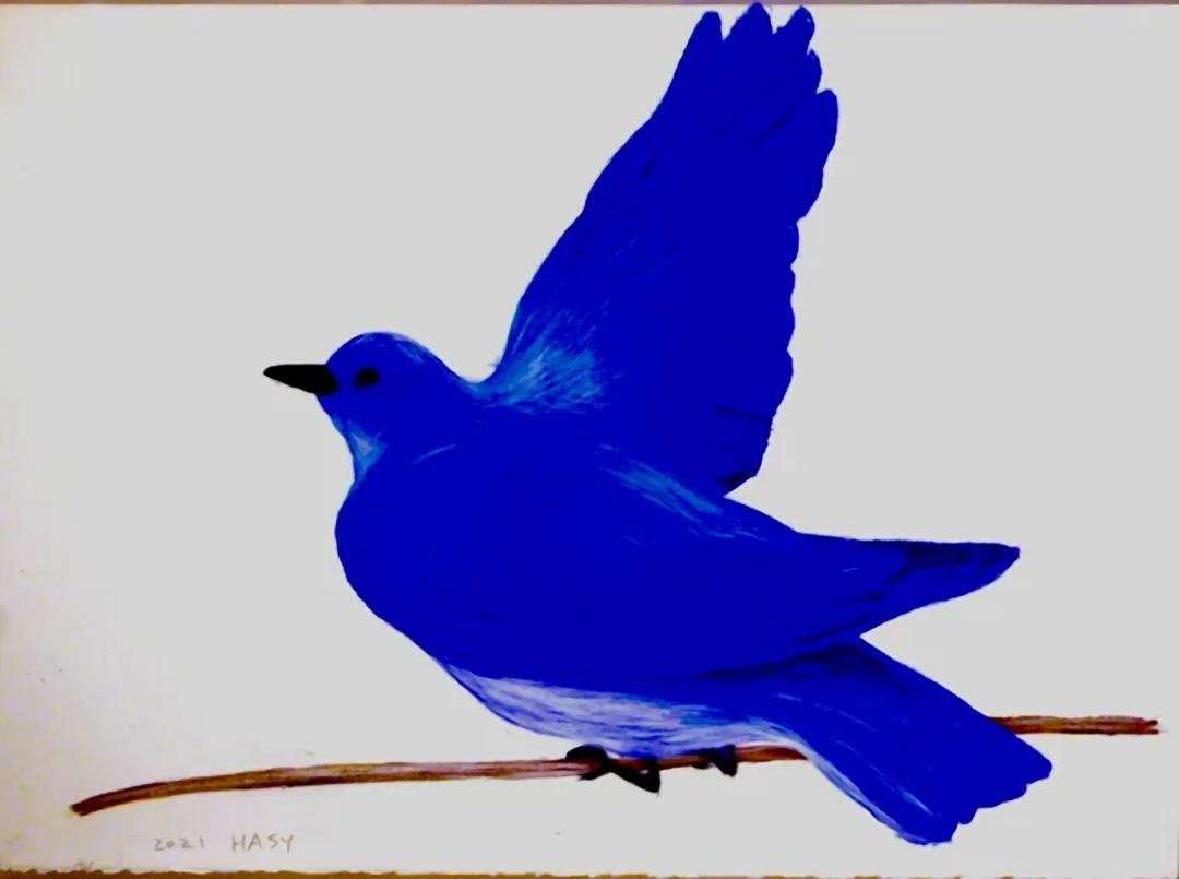 하선영, 〈Hope 013〉, Wax pastel on paper, 76x57cm — 흰 종이 위에서 코발트빛 새 한 마리가 날개를 높이 들고 가느다란 갈색 가지에 발을 얹고 있다