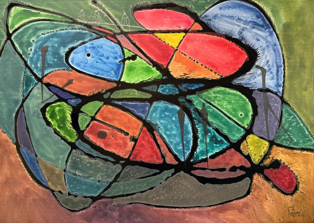 등작, 〈빛의 파도〉, India ink, watercolour, pencil on paper, 108x78cm — 위는 초록, 아래는 갈색과 보랏빛인 바탕에 빨강·주황·파랑·연두의 색면이 굵은 검은 선으로 나뉘고 가는 검은 흘림이 있다