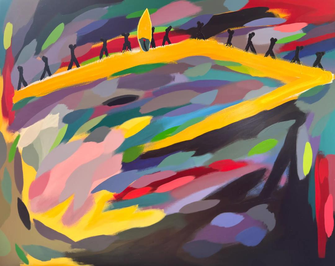 등작, 〈눈물 속에 우주가 있으니 : 우리를 위해 기도해 주세요〉, acrylic on canvas, 162.2x130.3cm — 노란 띠 위를 걸어가는 검은 사람들과 그 한가운데 세워진 촛불