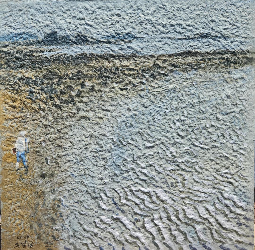 손장섭, 〈서해 갯벌〉, 캔버스에 아크릴릭, 64x64cm — 역사화에서 자연 풍경으로 옮겨간 뒤의 화면