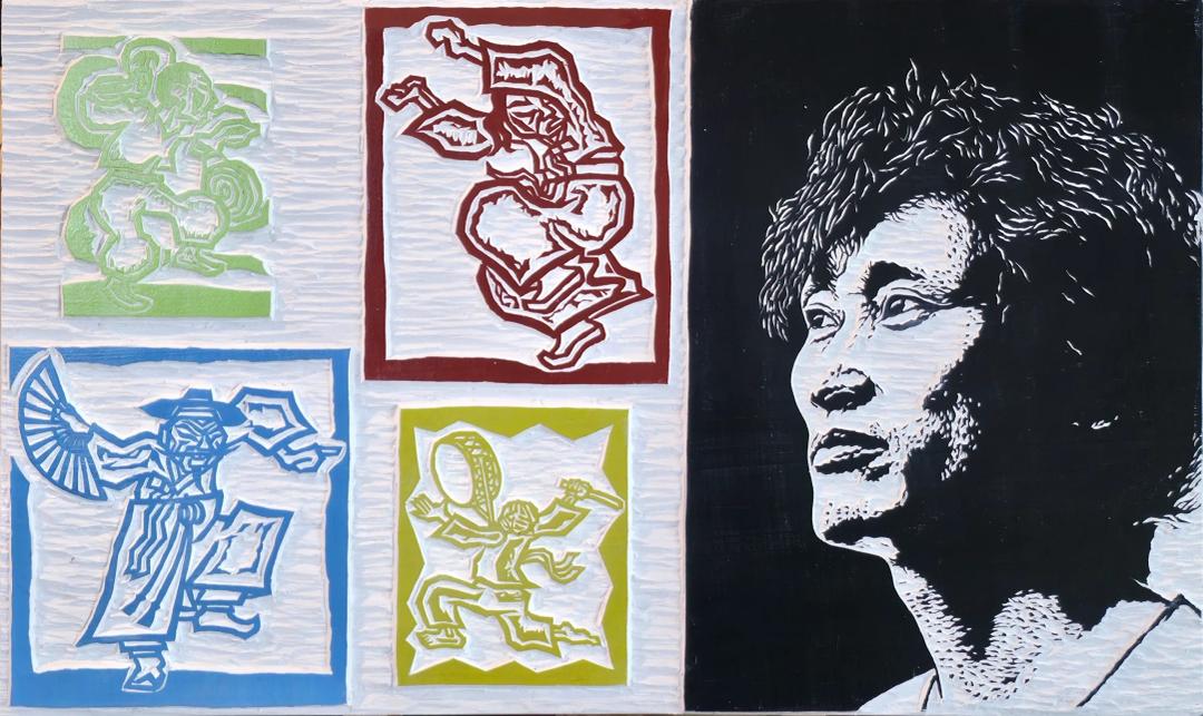 정찬민, 〈재현 목판-오윤 상, 소리꾼 등〉, 판각, 48x29cm, ₩1,500,000