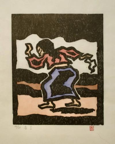 춤Ⅰ, 저피지(한지)에 목판화, 수채 채색 1984 - 오윤