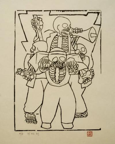 기마전, 저피지(한지)에 목판화 1974 - 오윤