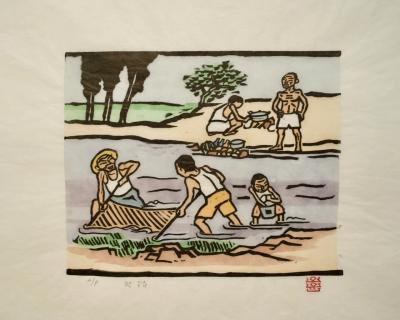 천렵, 저피지(한지)에 고무판화, 수채 채색 1984 - 오윤