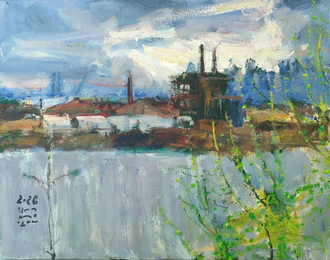 박성완, 〈전남방직〉, 41x32cm — 회청색 하늘과 흰 구름 아래 갈색 구조물 위로 굴뚝 둘이 솟고, 아래쪽은 회청색 면이며, 화면 오른쪽에서 연두색 잎이 달린 가지가 위로 뻗는다