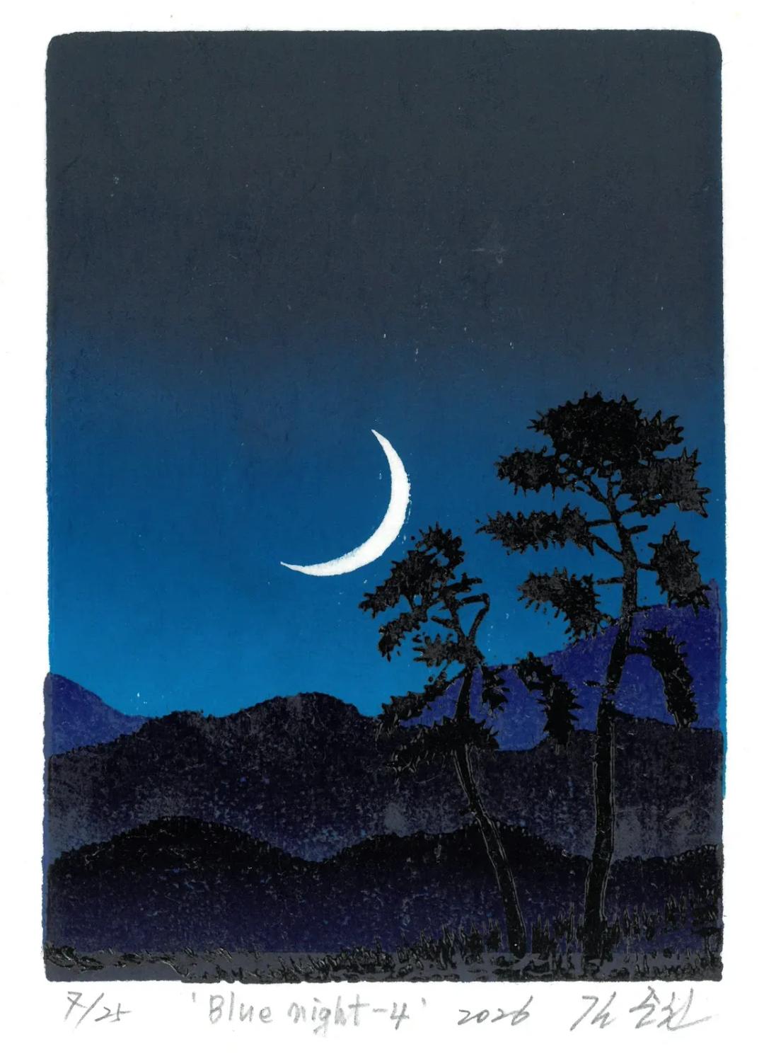 김준권, 〈Blue night-4〉, 유성목판, 18x22cm