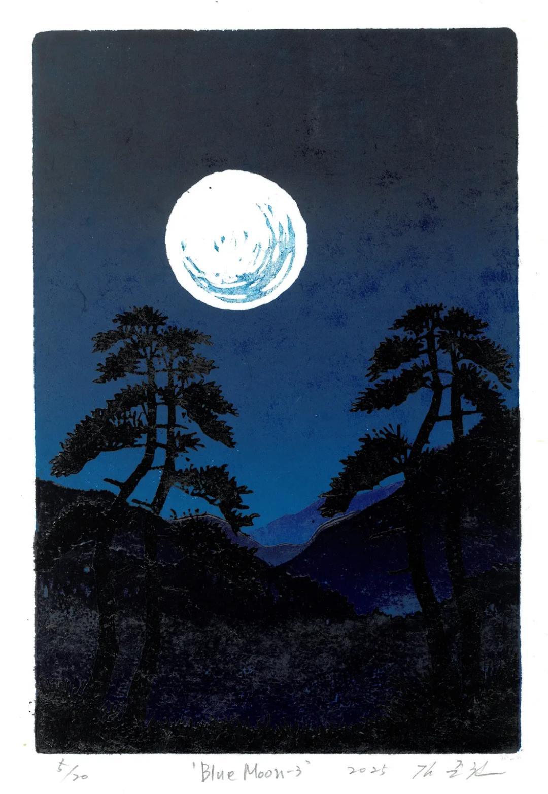 Kim Jun Kwon, Blue Moon-3, 2025, oil-based woodblock