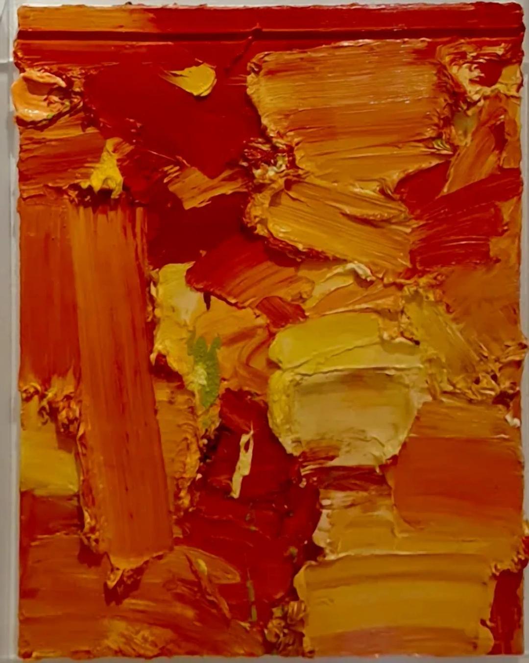 정재철, 〈Middle ground〉, Oil on canvas, 53x73cm — 붉은색과 주황, 노랑이 두껍게 올라앉아 붓자국의 결과 가장자리가 그대로 솟은 화면