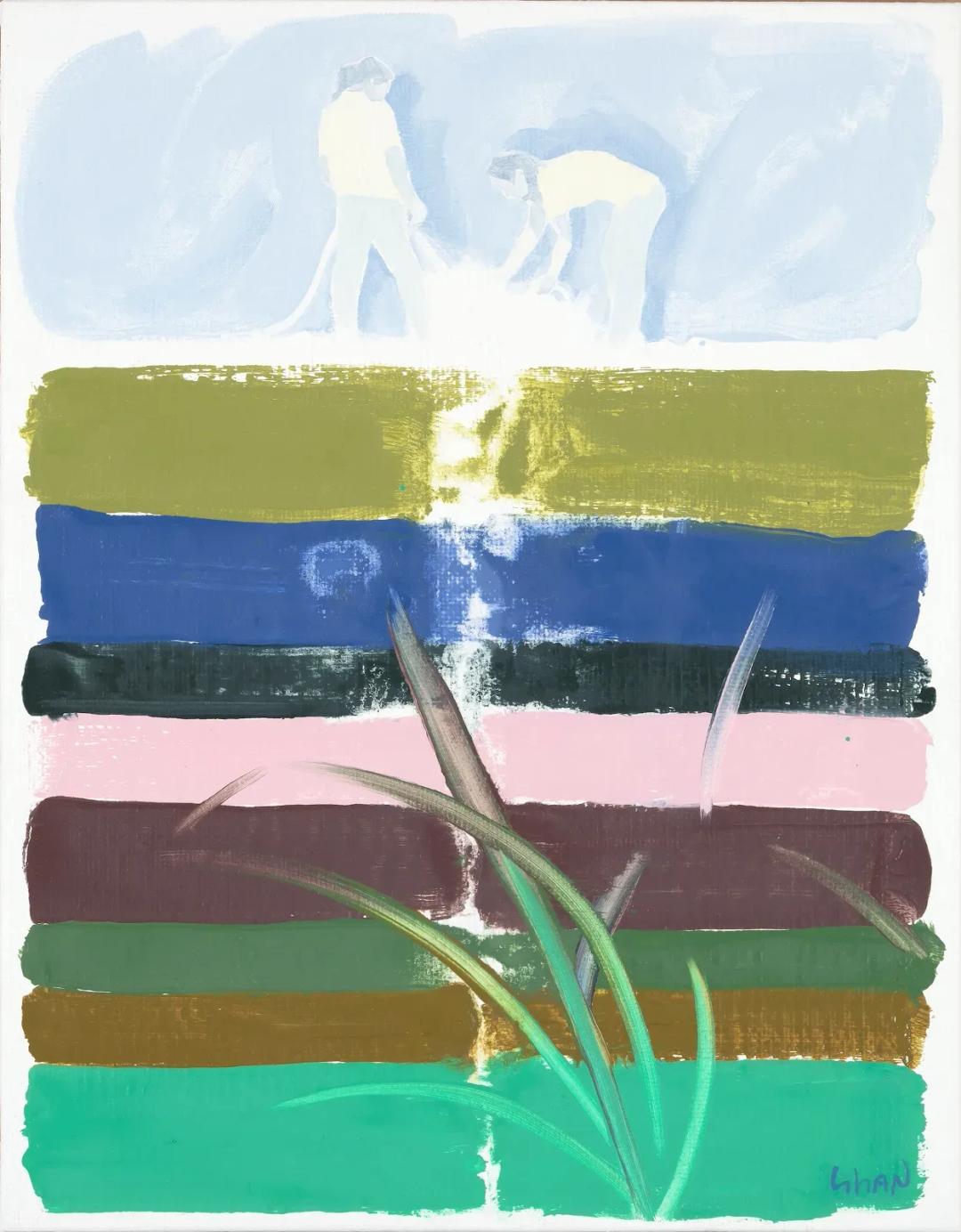 최경선, 〈날마다〉, Oil on canvas, 41.2x53cm — 논밭을 닮은 색 띠 위로 두 사람이 흐릿하게 겹쳐진 화면