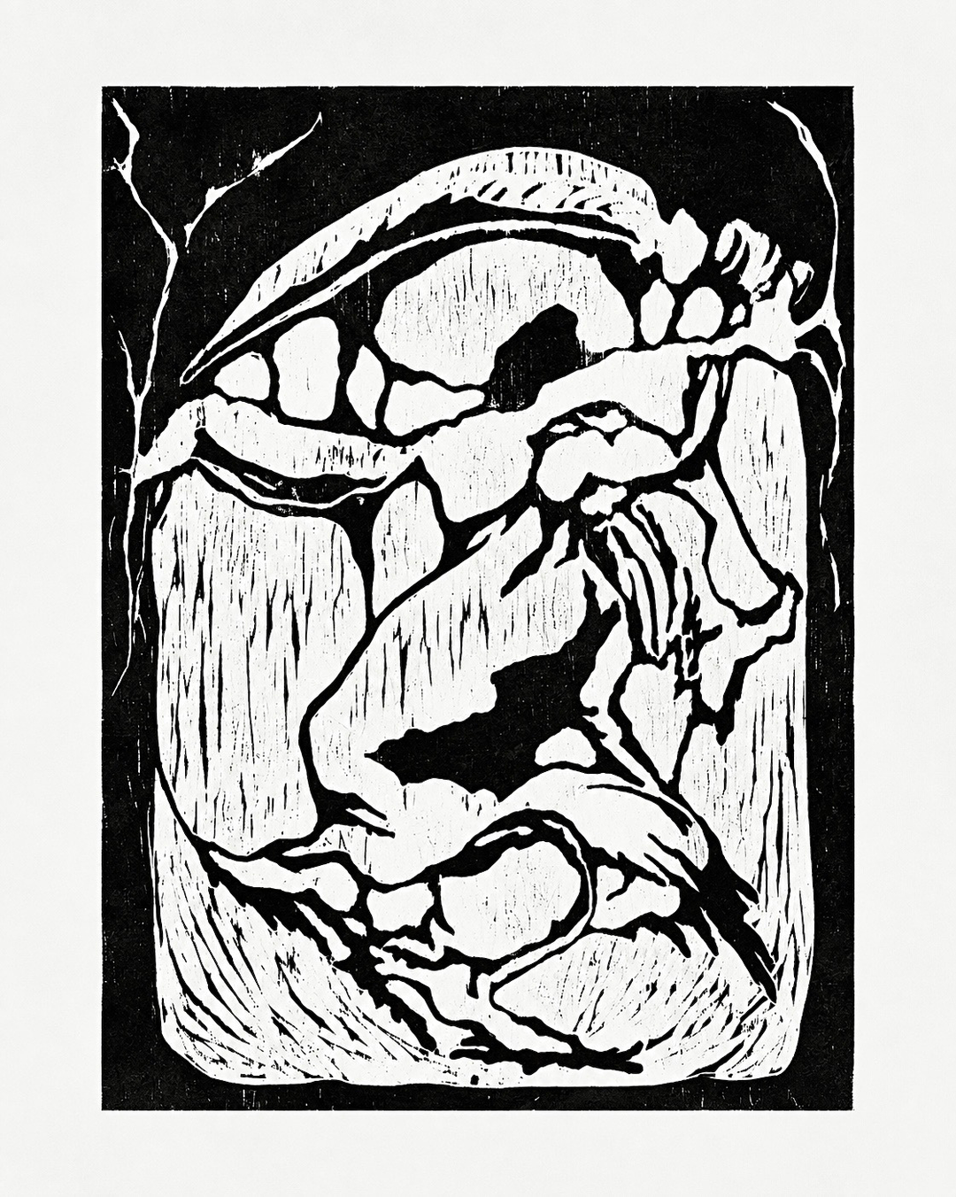 박보우, 〈어둠을 가르고 춤 추시오〉, 장지에 목판, 20x30cm — 검은 바탕 위 흰 선이 뒤틀린 몸의 덩어리를 새기고, 화면 양쪽 위 구석에는 가는 균열이 벼락처럼 뻗어 있다
