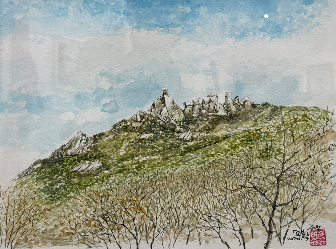 이승곤, 〈오봉〉, 종이에 수채, 32x25cm — 바위 봉우리 다섯이 능선 위로 솟은 삼각산 자락의 수채 풍경