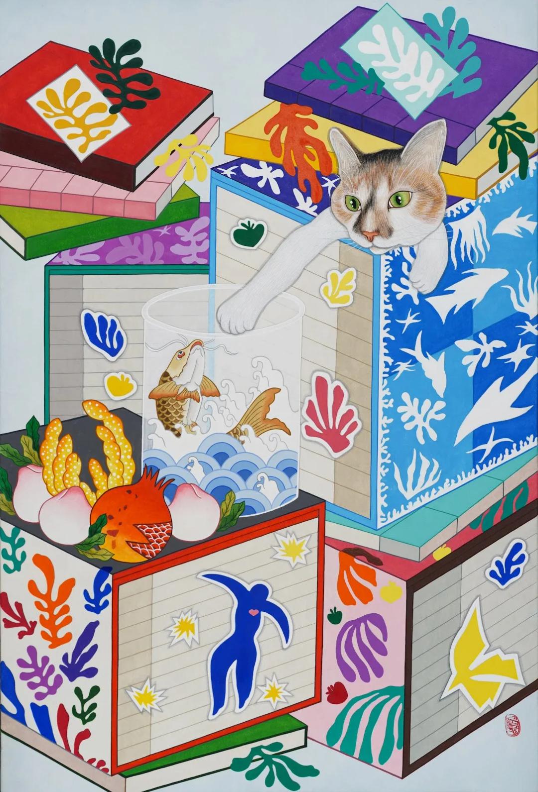 이문형, 〈책거리x앙리 마티스〉, 2025, 한지위에 수묵채색, 60.6x40.9cm (판매됨)
