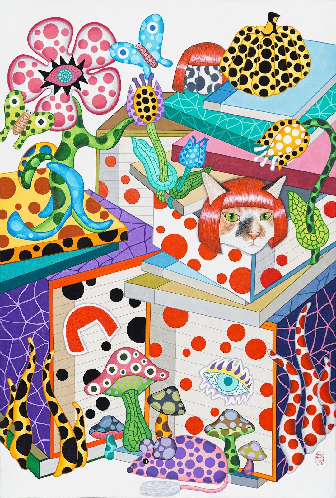 이문형, 〈책거리x쿠사마야요이〉, 2025, 한지위에 수묵채색, 60.6x40.9cm
