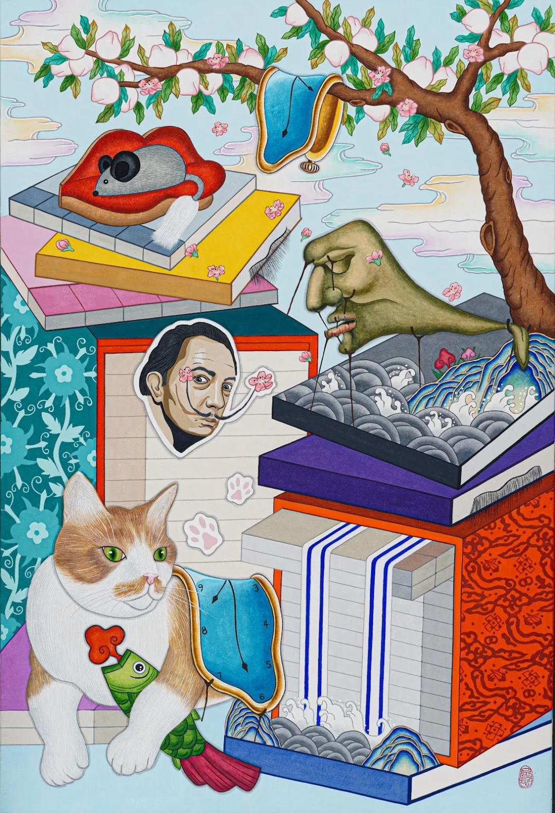 이문형, 〈책거리 x 살바도르 달리〉, 한지에 수묵채색, 60.6x40.9cm, ₩840,000