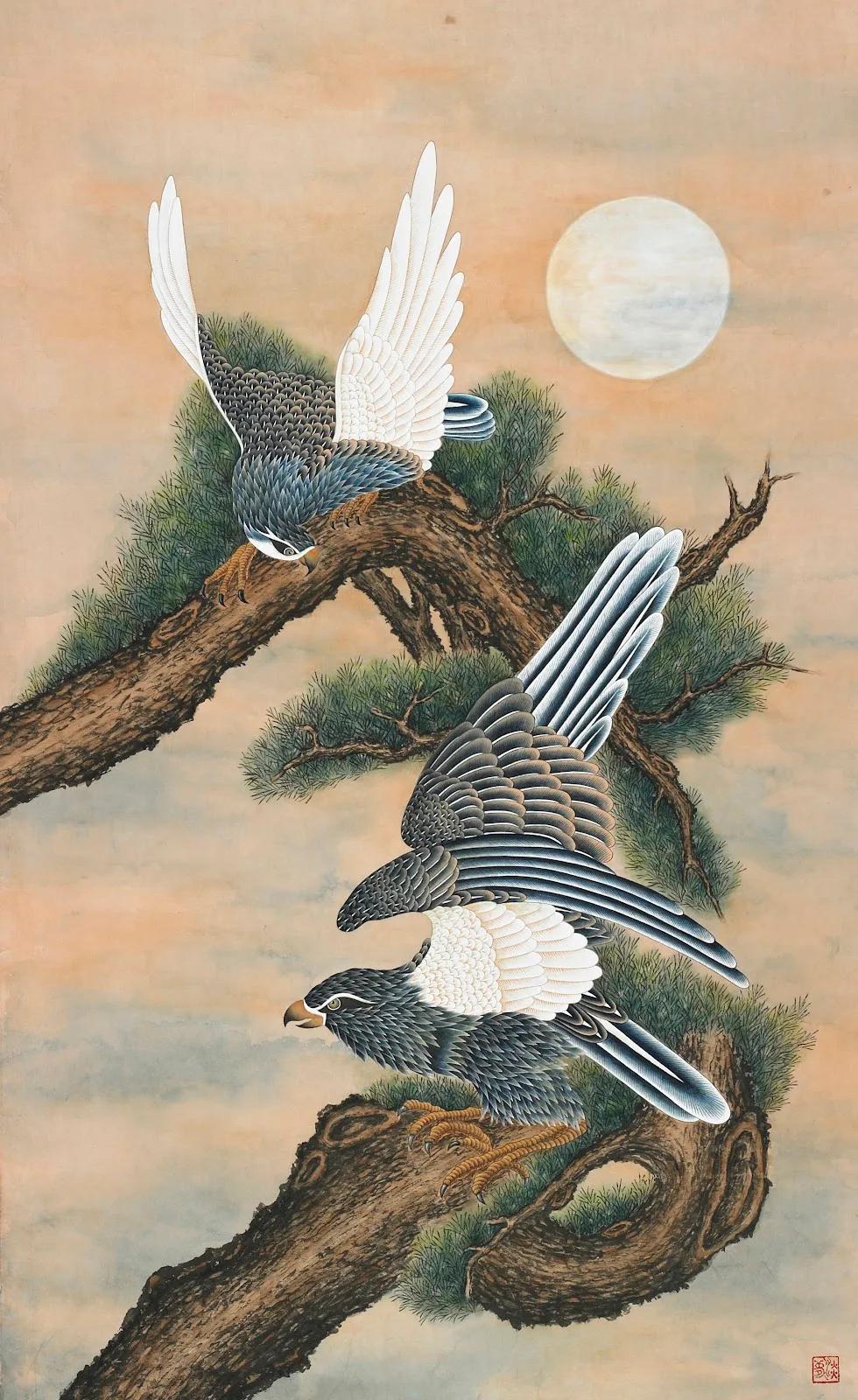 신예리, 〈취도(鷲圖)〉, 2025, 염색한지에 분채