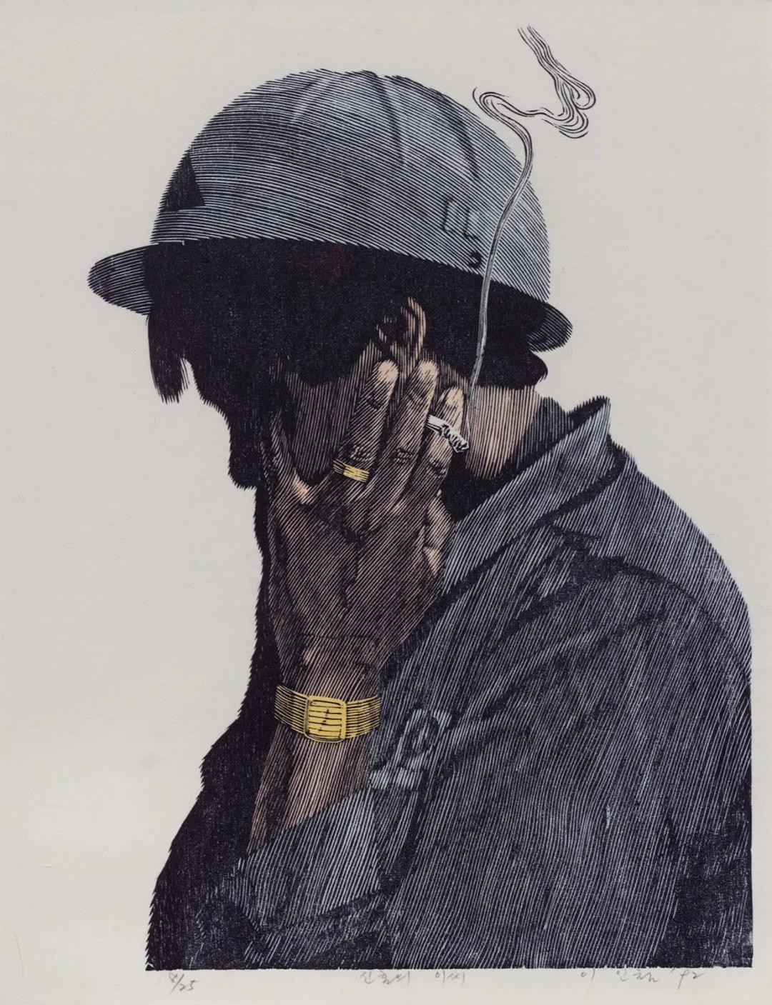 이인철, 〈신혼의 李씨〉, 1992, 목판채색, 40x52cm