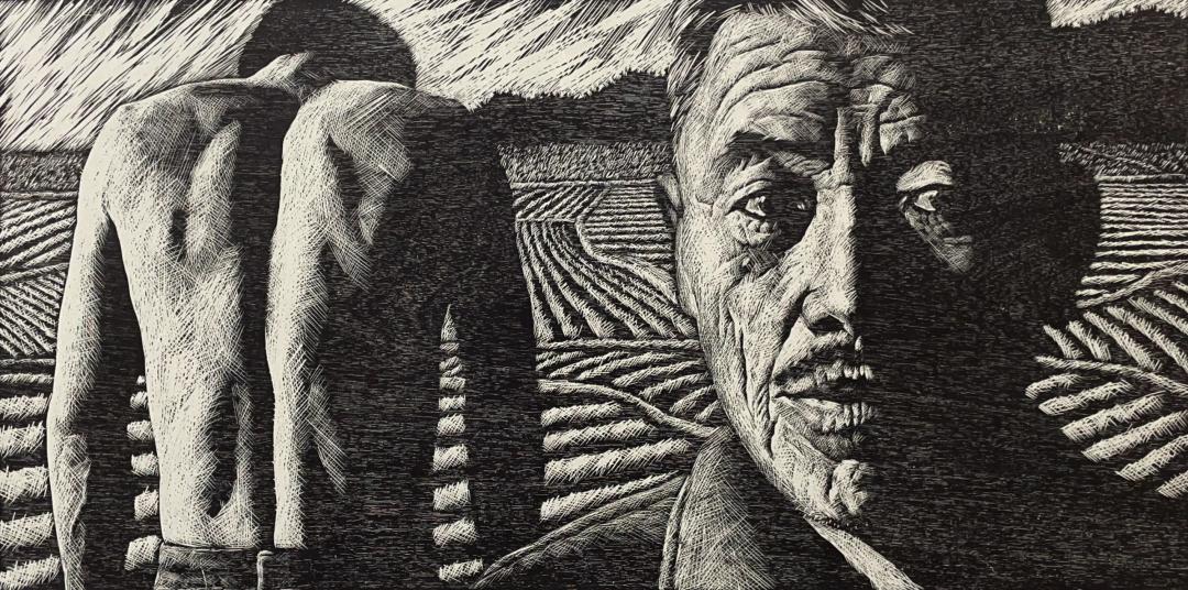 정원철, 〈아버지의 땅〉, Woodcut, 76x38cm, 1988 — 등을 보이고 고개 숙인 사람과 이랑진 밭 사이로 노인의 얼굴이 어둠 속에서 떠오르는 목판화