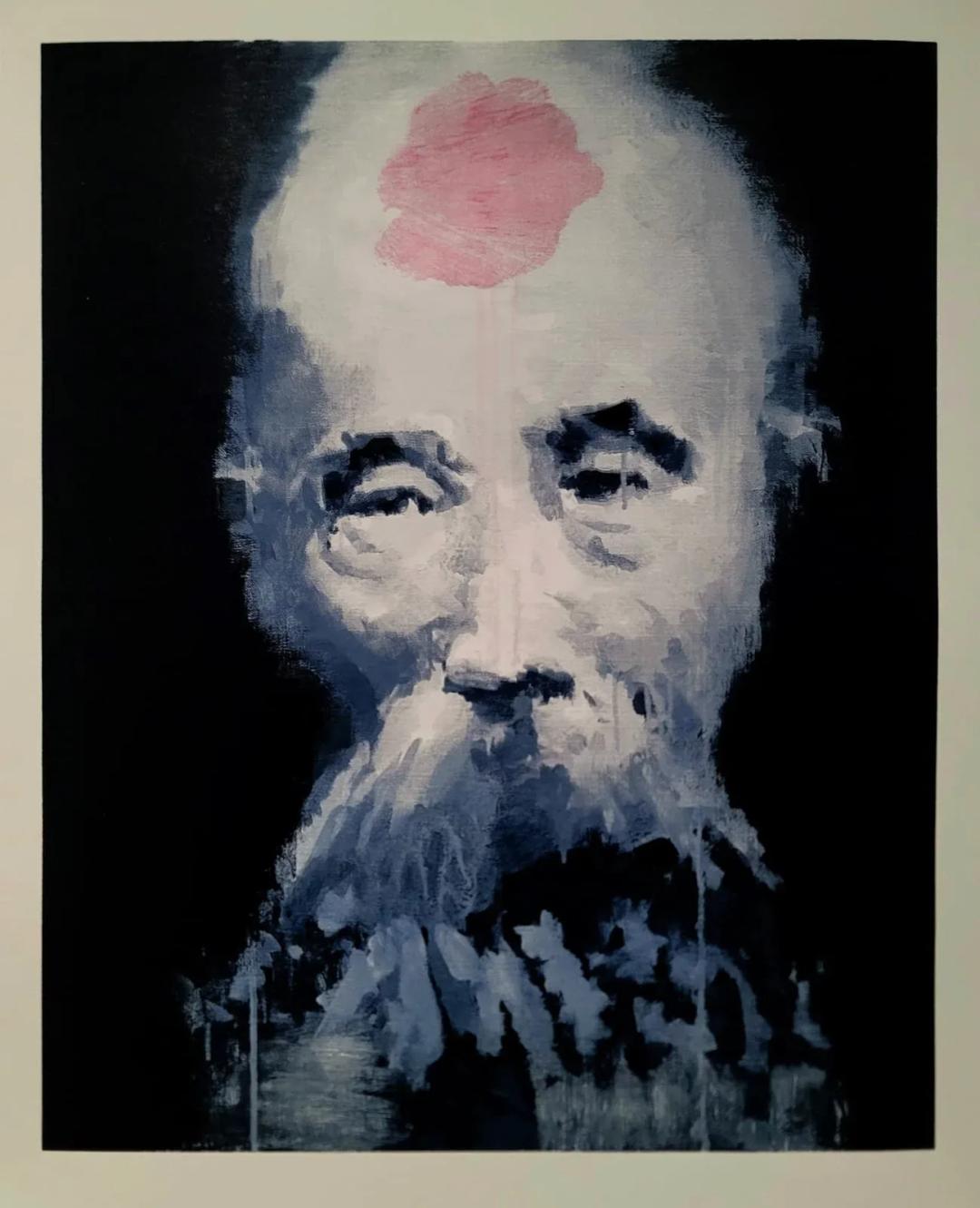 장경호, 〈해월 연구〉, 판화지에 세리그라프·16도 프린팅, 54x65cm — 검은 배경 속 흰 수염의 노인 얼굴, 이마에 분홍빛 자국이 번진다