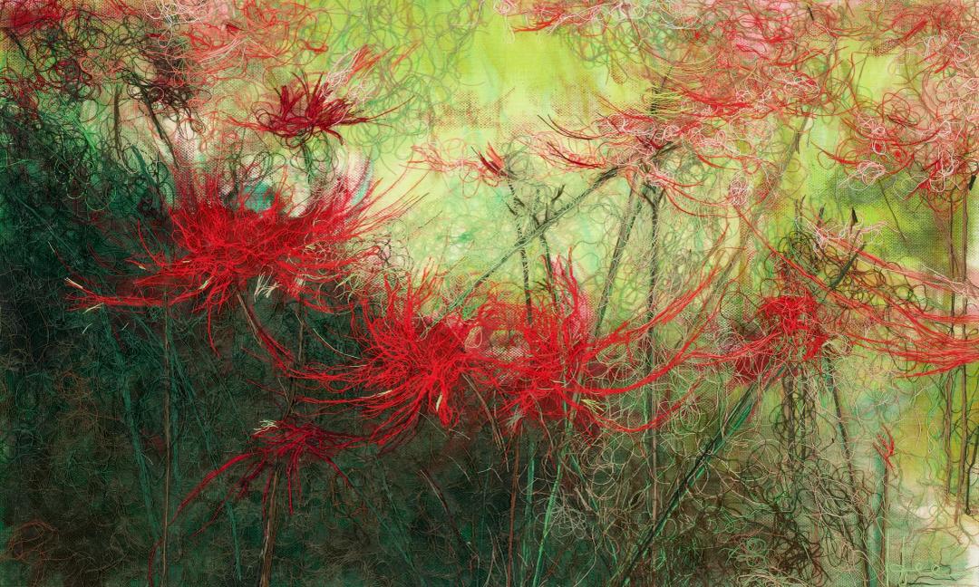 홍진희, 〈가을이 오는 숲〉, cotton thread on canvas, 53x32cm — 붉은 실이 휘어 만든 꽃과 초록 실의 수풀