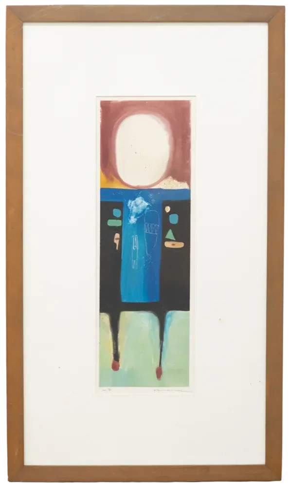 박영선, 〈무제〉, 석판화·종이 — 붉은 배경의 흰 타원 아래로 검은 형체와 작은 도형들, 두 갈래로 늘어진 선