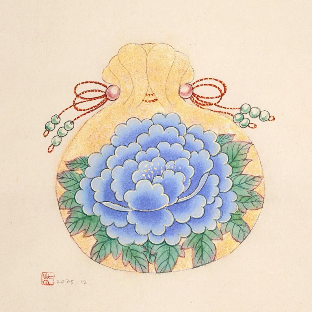 조이락, 〈복주머니(블루)〉, 2025, 한지에 채색, 30x29cm