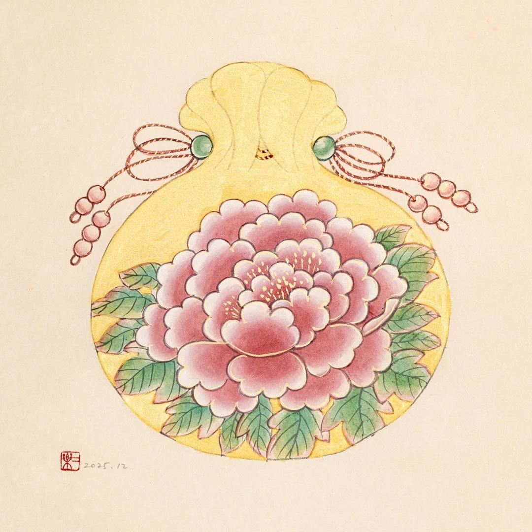 조이락, 〈복주머니(핑크)〉, 2025, 한지에 채색, 33x34cm