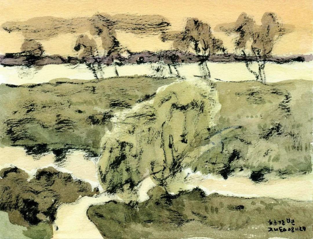 박재동, 〈한강변〉, 29.7x42.0cm