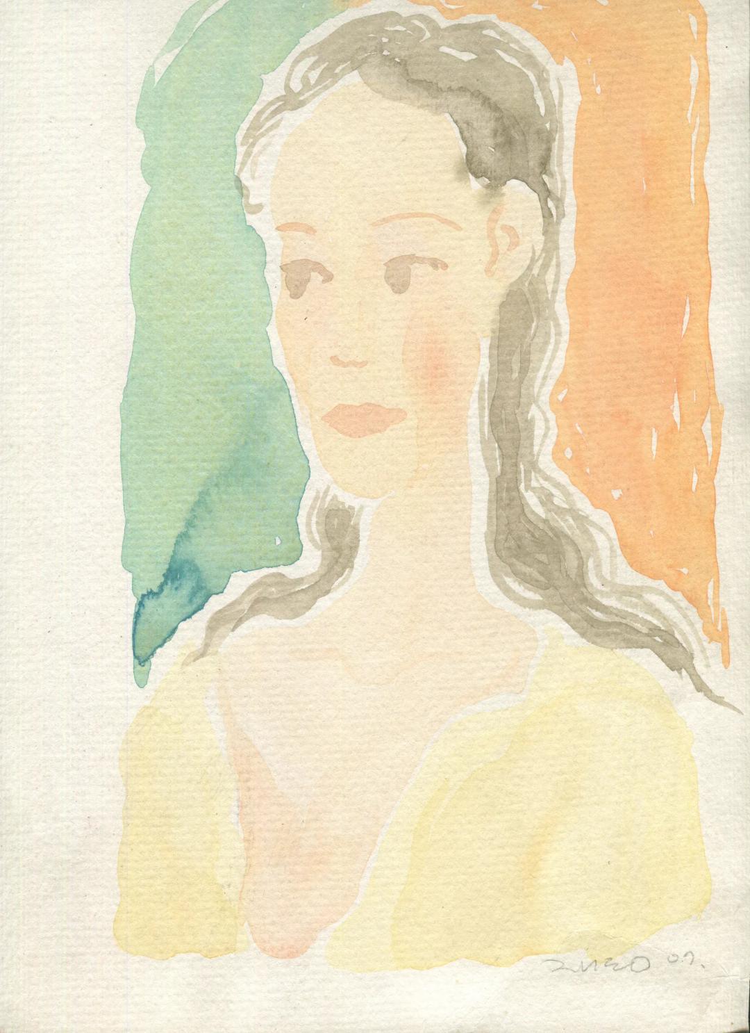 박재동, 〈여인〉, 수채화, 23x30cm — 엷은 살구빛 얼굴의 젊은 여인이 가슴께까지 그려지고, 긴 회갈색 머리카락이 양쪽 어깨로 흘러내리며, 머리 양옆은 청록과 주황의 색면이 감싼다. 노란 윗옷이 화면 아래를 채운다