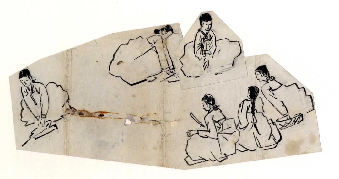 故 박생광, 〈빨래하는 여인들〉, 24x12.1cm — 가장자리가 불규칙하게 오려진 회색 종이 위에 검은 선으로 한복 차림의 여인들이 바위와 광주리 곁에 앉거나 몸을 숙이고 있고, 종이 가운데를 녹슨 빛 얼룩이 가로지른다