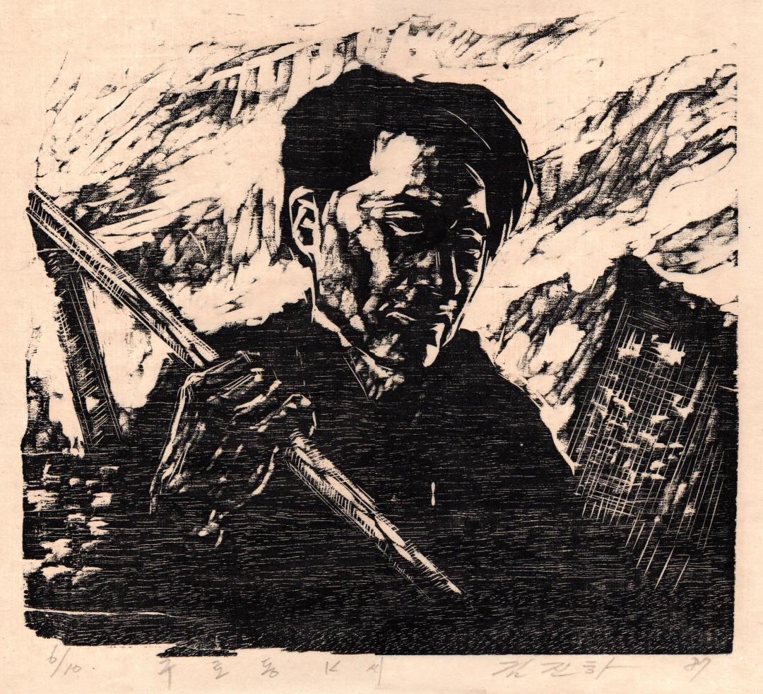 김진하, 〈구로동 419번지〉, 목판화·종이, 30x26cm, 1987 — 고개를 숙인 인물과 격자 구조물이 새겨진 흑백 목판화