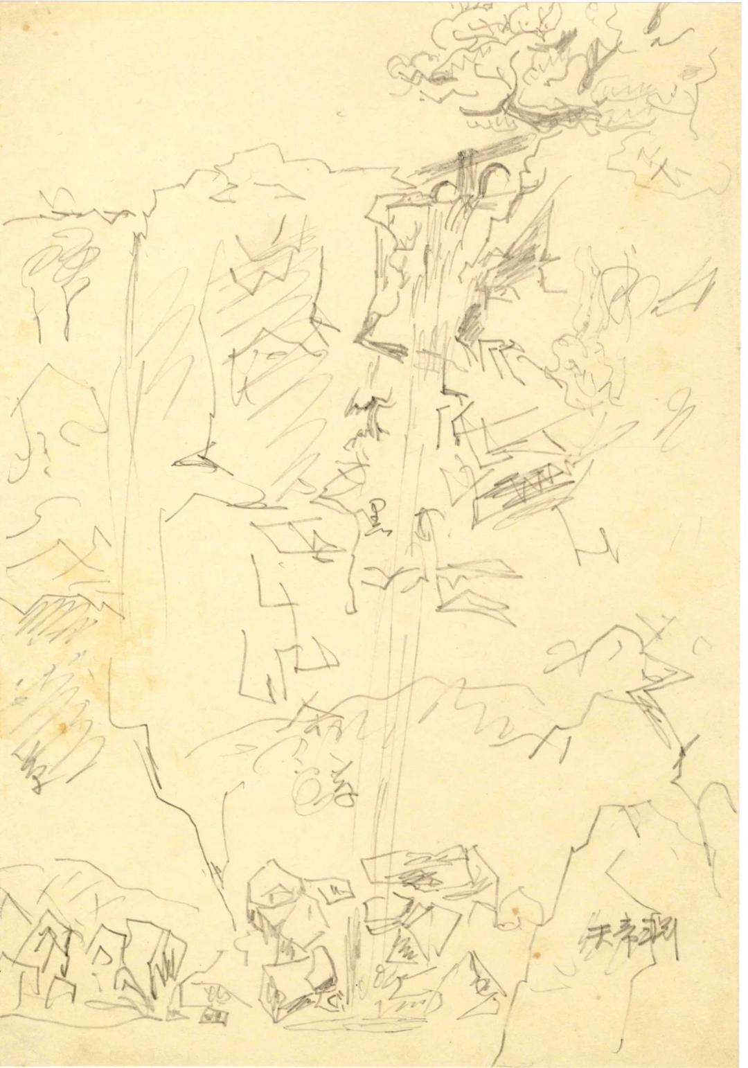 박생광, 〈천제연〉, 20x28.5cm — 화면 가운데를 가는 선 두 줄이 위에서 아래까지 곧게 내려오고, 양옆 절벽은 빗금과 꺾인 선으로 채워졌으며 오른쪽 아래에 한자 제목이 적혀 있다